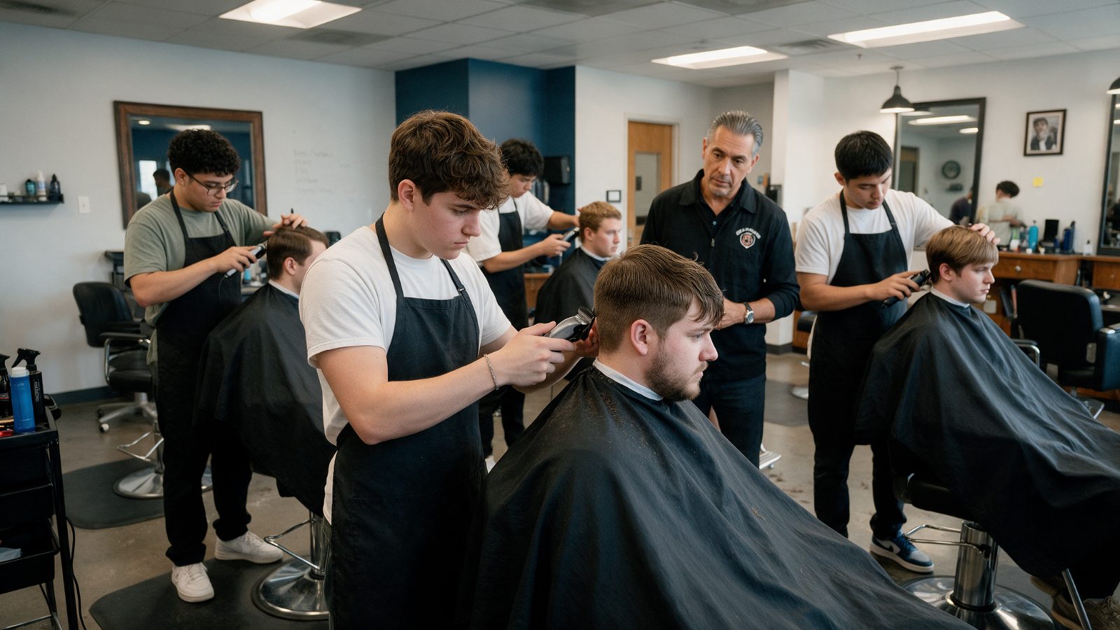 Barber students training with an instructor at an accredited barber school