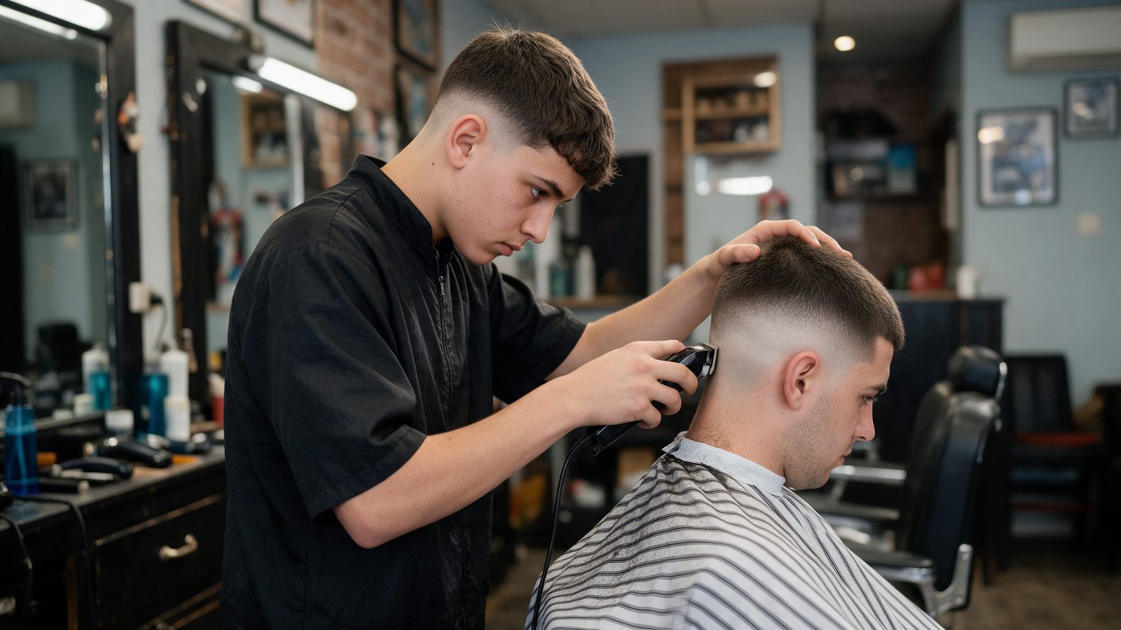 Barber student practicing a skin fade on a client Barber student practicing a skin fade on a client